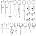 20-piece silver stainless steel earring set with cross snake and star shaped studs - Silver Multi-Style Stainless Steel Set (36027)