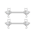 Detail of two pairs of silver cat nipple rings with heart-shaped sparkling zircon stones - Hollow Cat Holding Heart Style (2735) / Steel