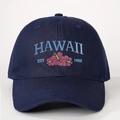 Detail shot of blue cotton baseball cap with Hawaii floral embroidery and firm stitching - Navy Blue