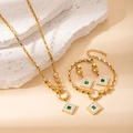 Vintage gold plated square pendant jewelry set with green gemstones and white inlay - Set 6-Crystal Square