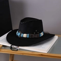 Classic black Western cowboy hat with beaded ethnic band and turquoise stone detail - Adult (55-60cm) / Black