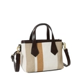 Striped canvas handbag in beige and brown with adjustable leather shoulder strap - Yellow