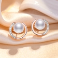 Elegant rose gold hoop earrings with lustrous white pearls and sparkling zircon accents - Rose Gold Hoop Pearl Stud Earrings (C4)