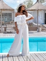 Chic white off-shoulder jumpsuit with ruffled neckline in a summer poolside setting - S / White