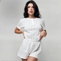 Completo pigiama due pezzi bianco in maglia traforata con bottoni decorativi da donna - S / Bianco