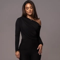 Detail of black one-shoulder long sleeve bodysuit with pleated texture and slim fit design - S / Black