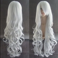 Front and back view of long white curly cosplay wig with bangs made of heat resistant fiber - Silver White