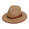 British style khaki straw fedora hat with brown leather trim and silver rivets on white background - M (56-57cm) / Khaki