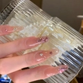 Uñas postizas degradadas rosas con brillantes de corazón y purpurina plateada - Diamante Rosa de Ensueño / 10 Piezas (S73)