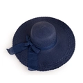 Detailed close-up showing texture of the navy blue straw hat and its ribbon bow detail - Navy Blue