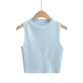 Detail view of the light blue ribbed knit texture on the sleeveless crop top - Light Blue