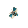 Golden bee ring with blue-green enamel wings and micro-paved rhinestones on white background - Adjustable Open / Blue