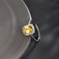 Adjustable silver ring featuring a large emerald-cut yellow gemstone with halo setting - Adjustable Open / White Gold Plated-Golden Yellow
