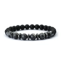 Detail of matte black beads with grey marble accent stones and silver metal spacers - 8 mm / Matte Black + Labradorite