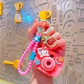 Pink Hello Kitty camera keychain with decorative colorful beads and metal lobster clasp - Cartoon Projection Camera-Pink Cat