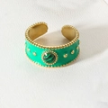Wide gold titanium ring with green enamel, peacock stone inlay and embossed beads - Green