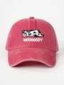 Vintage washed red cotton baseball cap with cartoon cow pattern and MOOOOOODY text - Watermelon red