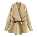 Women's knit cardigan with lapel collar and belt in beige, autumn fashion outerwear - Khaki