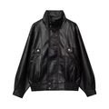 Black PU leather jacket with stand collar, metallic buttons and elastic hem on white background - S / Black