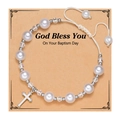 White faux pearl baptism bracelet with silver cross pendant on God Bless You card - White Pearl Cross + Crystal (No Card)