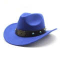 Close-up of royal blue wool cowboy hat with brown leather band and turquoise star detail - M (56-58cm) / Blue