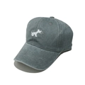 Macro detail of washed cotton fabric and small dog embroidery on grey-blue baseball cap - M (56-58cm) / Gray