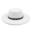White flat-top boater wool hat with black star-studded band and wide brim for women - M (56-58cm) / White