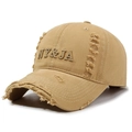 Casquette vintage kaki avec broderie NY&JA 3D et détails déchirés style usé - Réglable / Beige Foncé