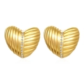 Golden heart-shaped stainless steel earrings with wavy texture and zircon stones - Wavy Texture Heart Earring (MS-515)