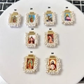 Eight gold religious pendants with white beads and saint portraits for DIY jewelry - Style 1 / White