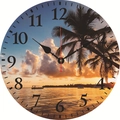 Silent wooden wall clock featuring a tropical beach sunset and palm trees design - Tropical Sunset