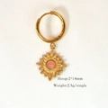Detail of 14K gold plated hoop earring with sun pendant and pink stone inlay - Sun Ray Sunstone