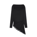 Elegant black off-shoulder long sleeve top with side ruffles and asymmetric lace hem - S / Coffee