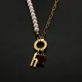 Stainless steel pearl and gold paperclip chain necklace with letter h and red stone charm - Gothic Letter H