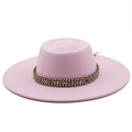 Pink flat top wool felt hat with ethnic woven band and wide brim detail view - M (56-58cm) / Pink