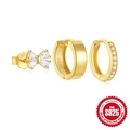 Three-piece S925 sterling silver earring set in gold with bow stud and zircon hoops - Bow Stud and Row Diamond Style-Gold (#8 Gold)