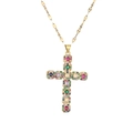 Collana con ciondolo a croce placcata oro con zirconi colorati e catena piatta - Croce a Modulo Quadrato Colorata (CN001568YS)