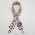 Adjustable beige and brown embroidered wide bag strap with metal clasps on white background - Beige Coffee Gunmetal Hook