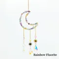 Hanging suncatcher with crescent moon frame and colorful fluorite crystal stones - Rainbow Fluorite Moonstone Wind Chime