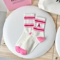 White cotton mid-calf socks with pink stripes and a cute bear embroidery detail - One Size / Rose Red Bear