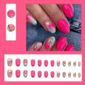 Oval dragon fruit pink press-on nails with marble gradients and gold foil accents - W1216 Pitaya Color