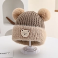 Coffee and beige knit baby hat with two pom-poms and a cute bear patch detail - Bear Patch Style (Style 1) / Dark Coffee