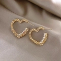 French vintage heart earrings in gold finish with pearls on satin background - Gold Pleated Heart Pearl Earring (E058)