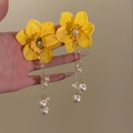 Detail showing yellow fabric floral earrings with long gold tassel and white pearls - Yellow-Pearl Tassel (12# Silver Needle)