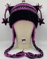 Handmade striped cat ear knit hat with purple braids and star charms in black - Black Purple