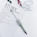 Light green DIY beaded ballpoint pen featuring elegant pearl and rhinestone accents - Mugwort Green