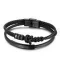 Bracciale da uomo doppio strato in pelle intrecciata con piastra in metallo nero e nodi decorati - Colore Nero(KB147376-KLHQ)
