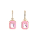 Detail of 18K gold plated hoop earrings with pink enamel and rectangular crystal pendant - Pink