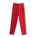 Detail of red high-waisted trousers featuring vertical pleats and slanted side pockets - XS / Red