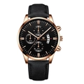 Detailed macro view of the rose gold bezel and black leather strap of this quartz watch - Black Strap Rose Gold Case Black Dial Rose Gold Hands
